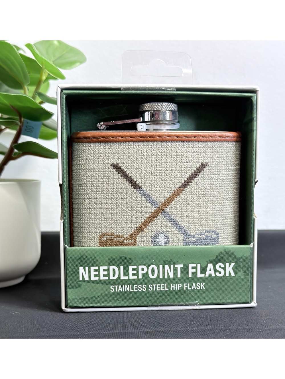 Eastwood Pines Needlepoint Stainless Steel Hip Flask with Golf Design